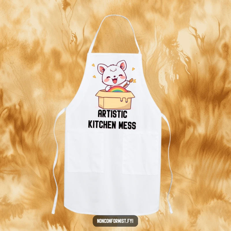 Funny apron featuring a small animal joyfully painting a rainbow in a box, perfect for adding humor to cooking and baking.