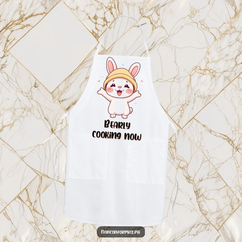 Funny apron showing a cute rabbit character enthusiastically wearing a bear hat, ready for kitchen fun and baking.