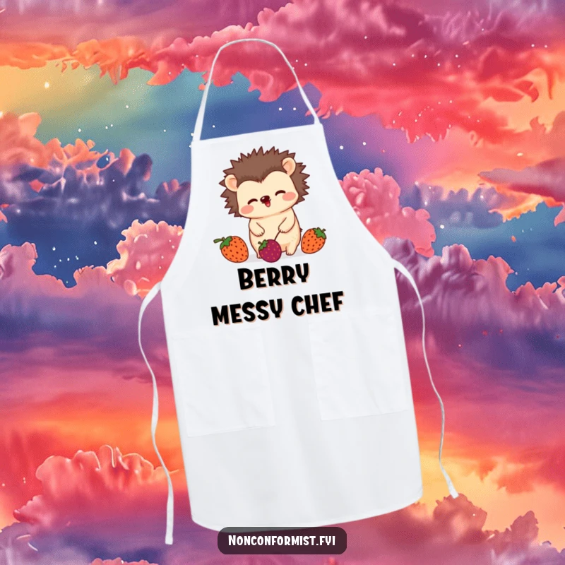 Funny apron showing an unconventional hedgehog character wiggling playfully while juggling three mismatched berries, ideal for kitchen fun.