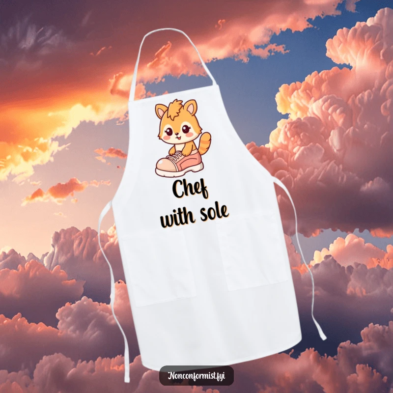 Funny apron featuring a quirky pig with a cheerful smirk, wearing one oversized shoe, ready for kitchen fun.
