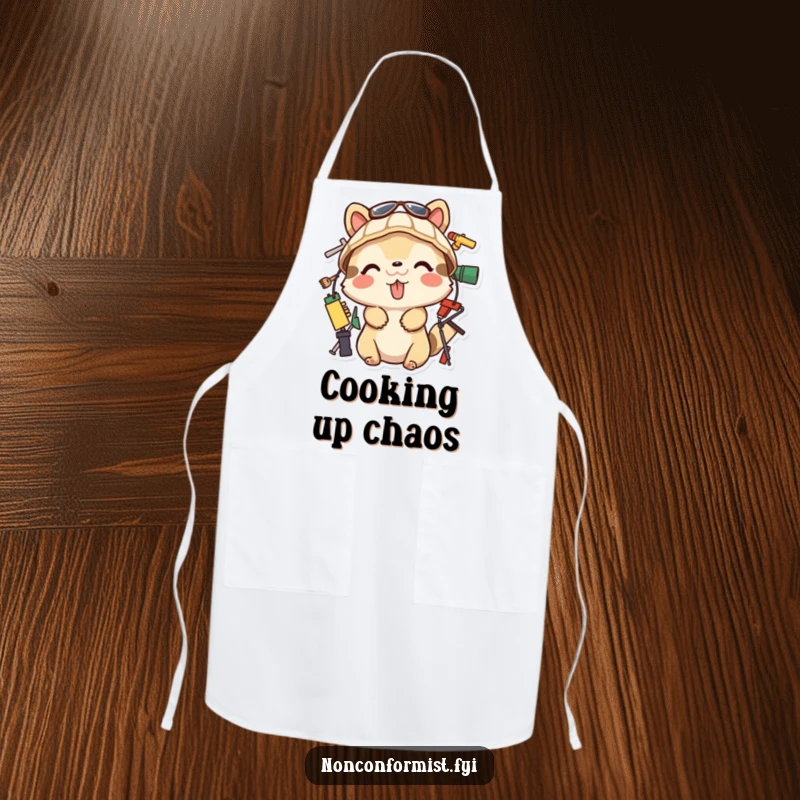 Funny Apron showing a playful animal with its tongue out, building with unconventional objects. A functional and funny gift.