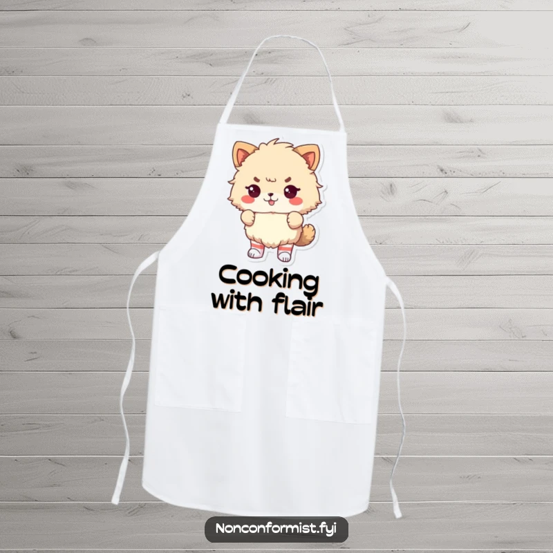Funny Apron: Fluffy animal wearing odd socks, looking proudly defiant while cooking, a humorous kitchen accessory.
