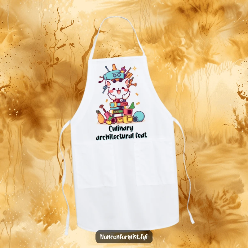 Funny apron depicting a small animal character enthusiastically stacking odd items, ready for kitchen adventures or creative projects.