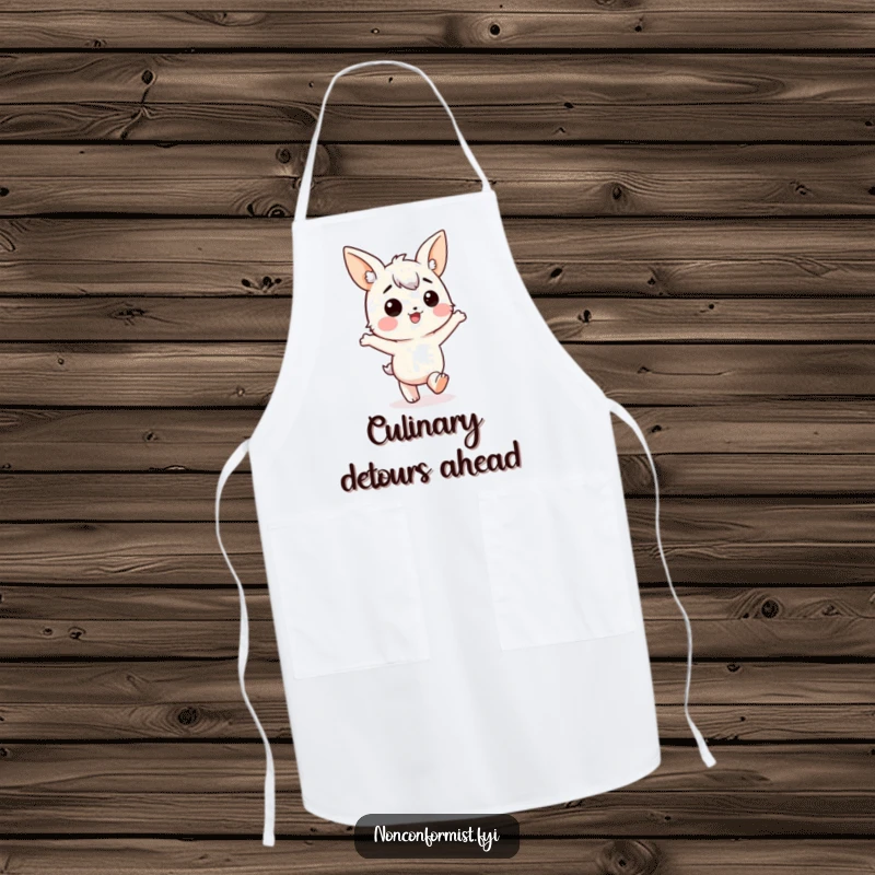 Funny Apron: Character with mismatched ears, marching happily in the wrong direction, a humorous kitchen accessory.