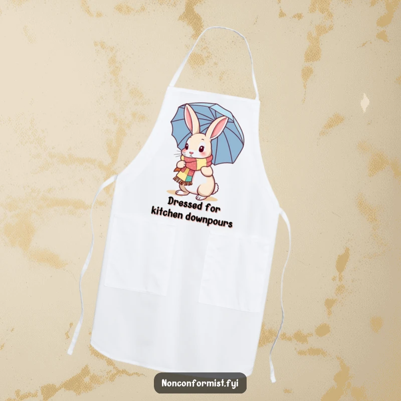 Funny Rabbit Apron: A cute rabbit sporting a patchwork scarf and umbrella, ready to protect clothes during cooking, a humorous kitchen essential.