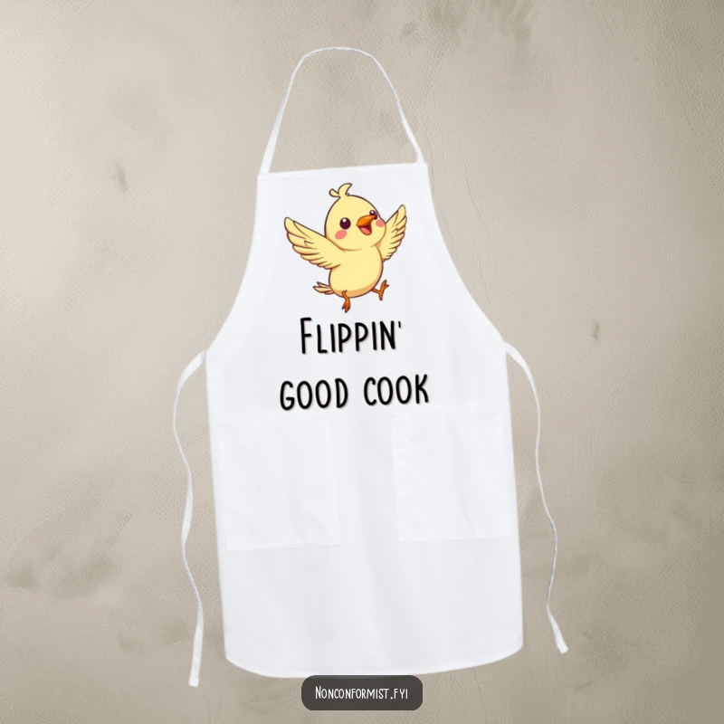 Funny apron showing a spirited bird character joyfully chirping while performing an aerial flip, ideal for kitchen fun.
