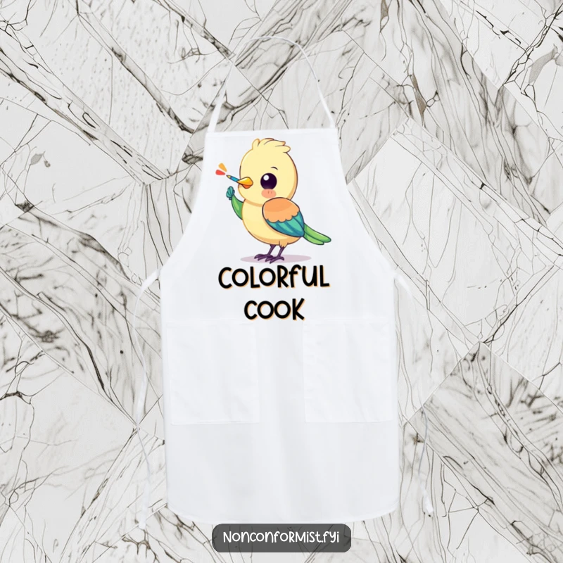 Funny bird apron showing a colorful character painting a stripe onto its own wing, celebrating artistic kitchen adventures.