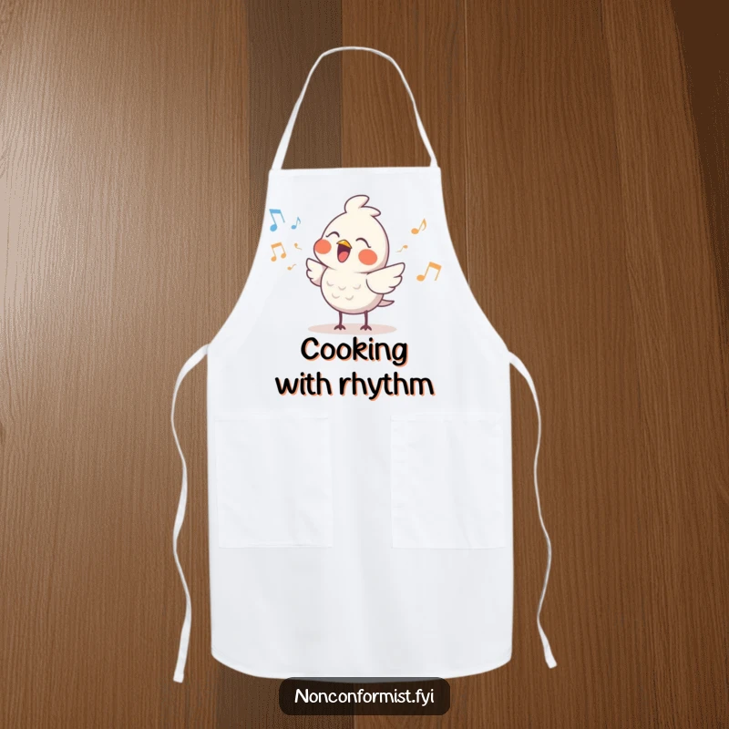 Funny Cute Bird Apron: A cute bird character sings with a quirky rhythm, bringing humorous musical vibes to kitchen tasks.