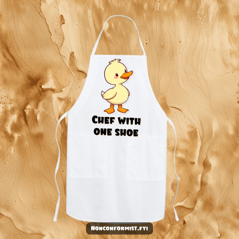 Funny Duck Apron: A cheerful duck wearing one brightly colored boot, adding humorous flair to kitchen activities.