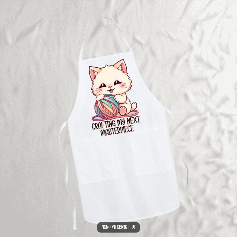 Funny apron depicting a fluffy cat joyfully engaged with a tangled, colorful ball of yarn, a whimsical kitchen companion.