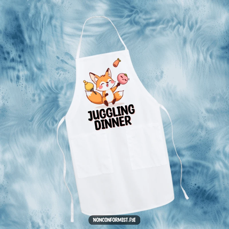 Funny fox apron showing a playful character juggling oddly shaped objects with a mischievous, skilled expression.