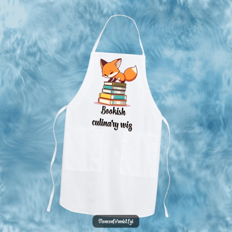 Funny apron depicting a determined fox character attempting to balance on a stack of books while cooking.