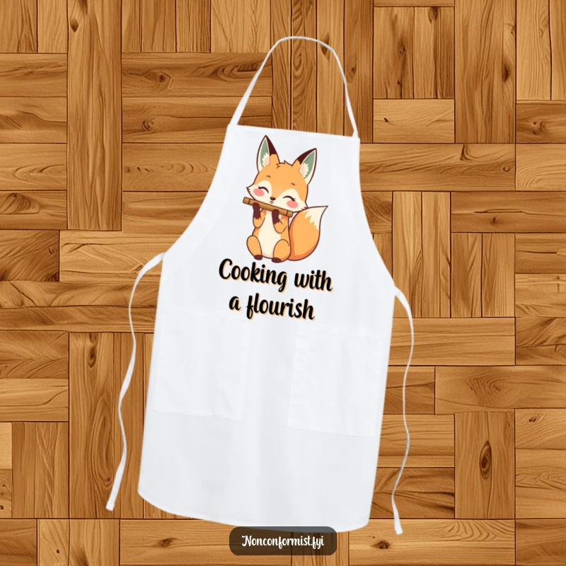 Funny apron showing a happy fox playing a flute with its tail, ready for kitchen performances and delicious meals.