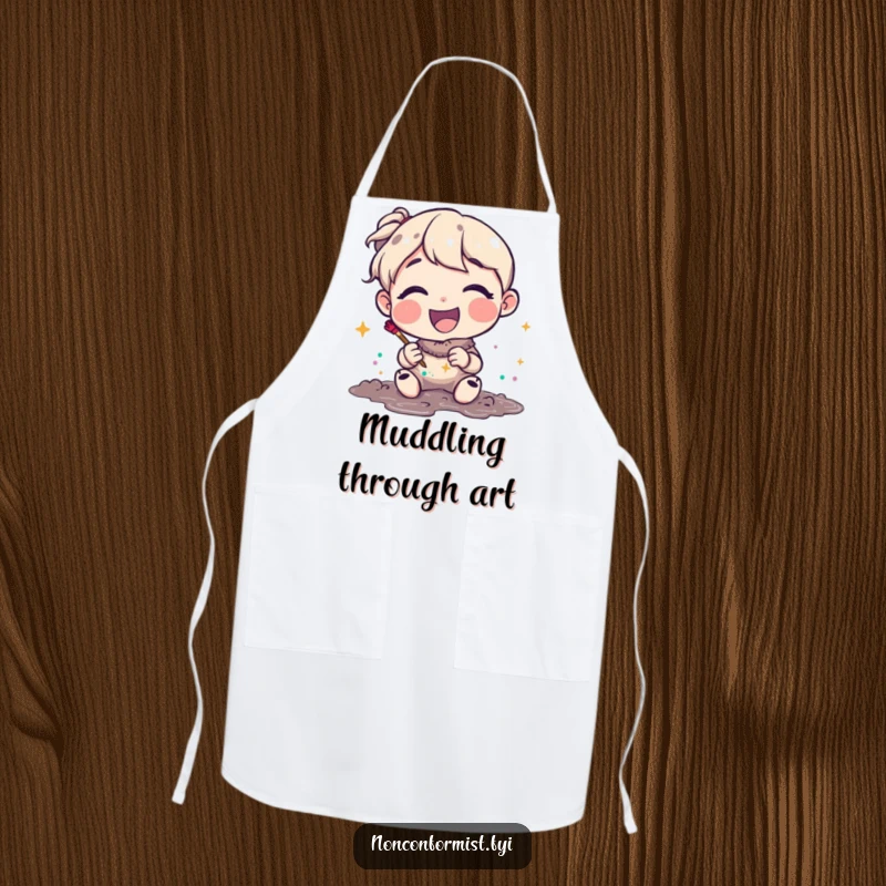 Funny Apron with a joyful character happily making art with glitter and mud. A functional and funny gift.
