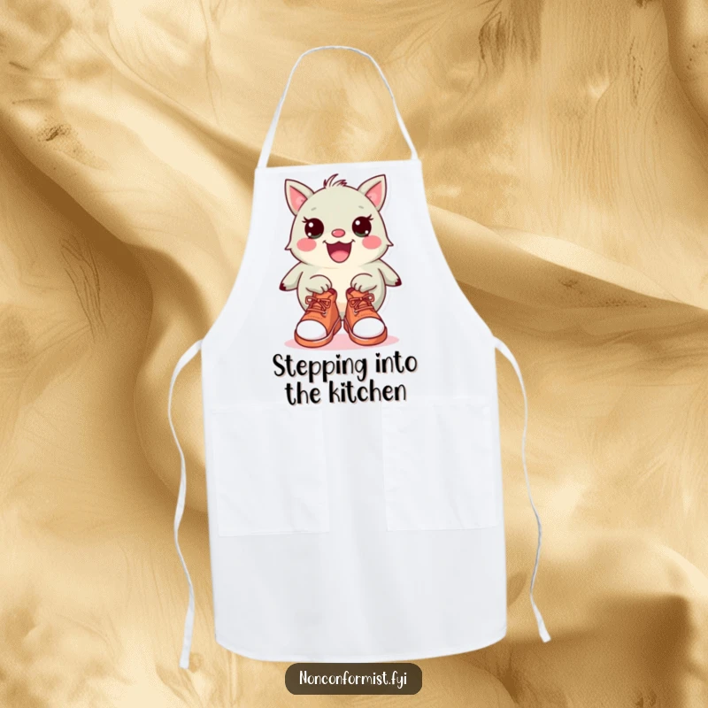 Funny Apron: A quirky creature wearing two different shoes while 'cooking', bringing joyful, humorous vibes to the kitchen.