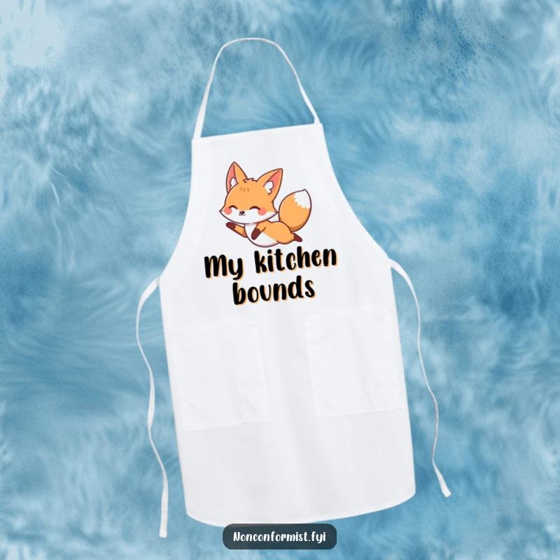 Funny fox character in an apron, joyfully leaping over a straight line, ready for culinary adventures with a rebellious spirit.