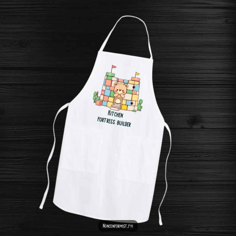 Funny Little Bear Apron: A small bear character constructs a fort from colorful blocks, bringing humorous playtime vibes to kitchen activities.