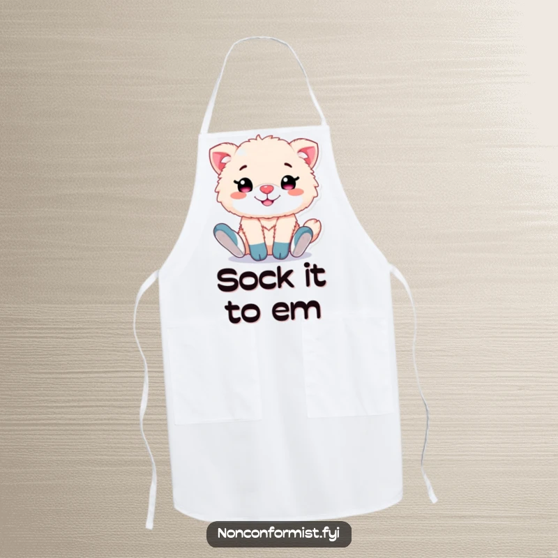 Funny apron showing a cute, fluffy animal character with a proud grin, wearing mismatched socks, adding a playful touch to cooking.