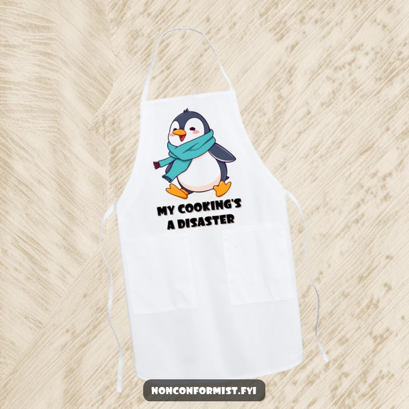 Funny penguin wearing a scarf, comically tripping while holding cooking utensils, durable apron.