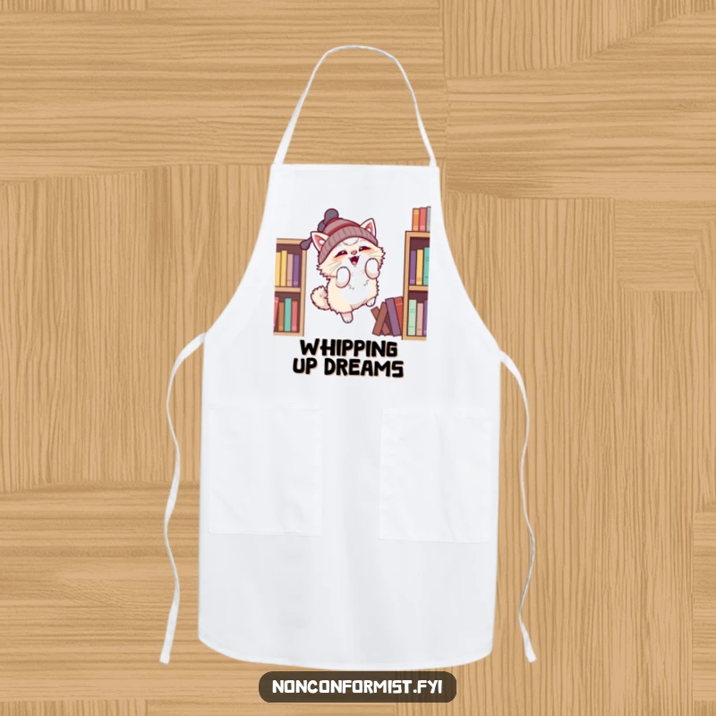 Funny apron depicting a fluffy cat in a propeller beanie trying to fly off a bookshelf, a practical funny gift.
