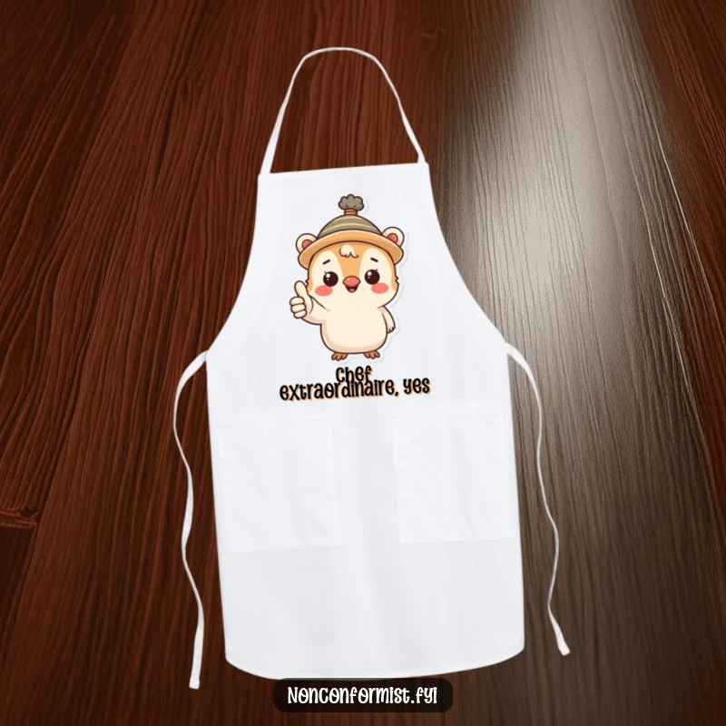 Funny apron featuring a cheerful creature in a quirky hat giving a thumbs-up, ready for any kitchen task with a smile.