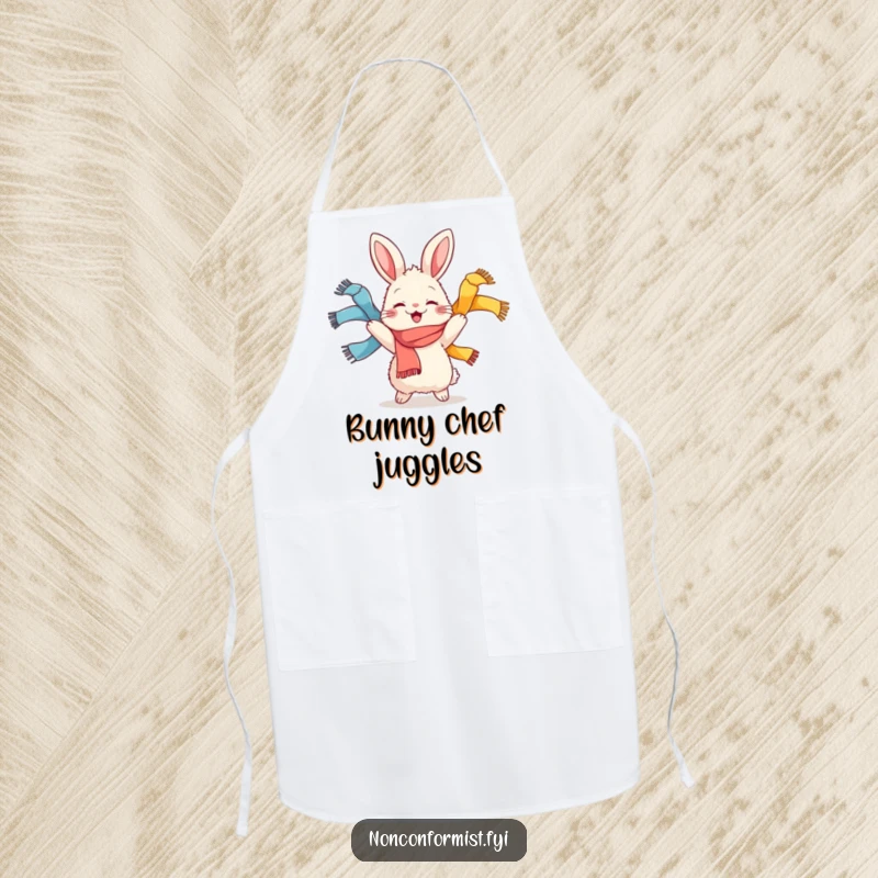 Funny apron showing a fluffy rabbit character joyfully juggling colorful scarves, bringing humor and vibrant energy to kitchen activities.
