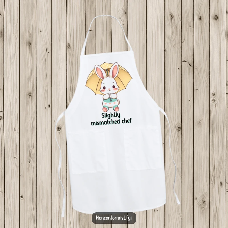 Funny apron adorned with a shy bunny, mismatched socks, and a polka-dot umbrella, a cute funny gift.