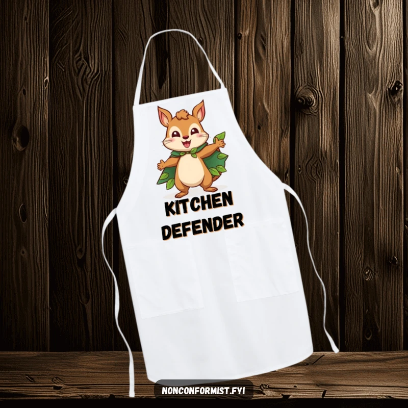 Funny Squirrel Apron showcasing a happy squirrel character wearing a cape made of leaves, striking a heroic pose, adding humorous charm to kitchen activities.