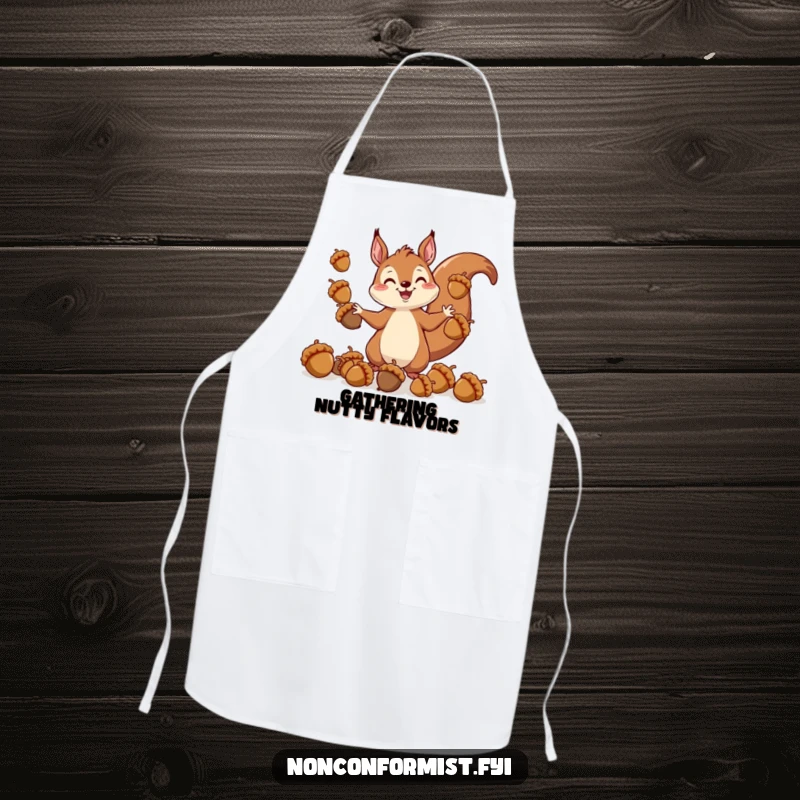 Funny apron featuring a cheerful squirrel character expertly juggling wildly sized acorns, perfect for a humorous kitchen experience.