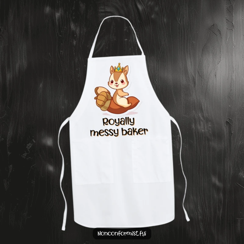 Funny apron featuring a mischievous squirrel king in a crown, riding a rolling acorn while cooking.