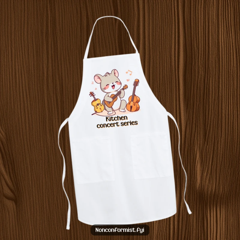 Funny apron featuring a tiny animal character joyfully playing multiple musical instruments of different sizes, adding humor to the kitchen.