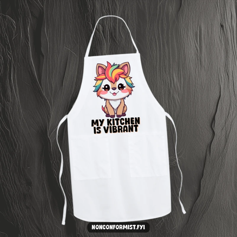 Funny apron featuring a smiling fox with wild, vibrant rainbow streaks in its fur, ready for kitchen creativity.