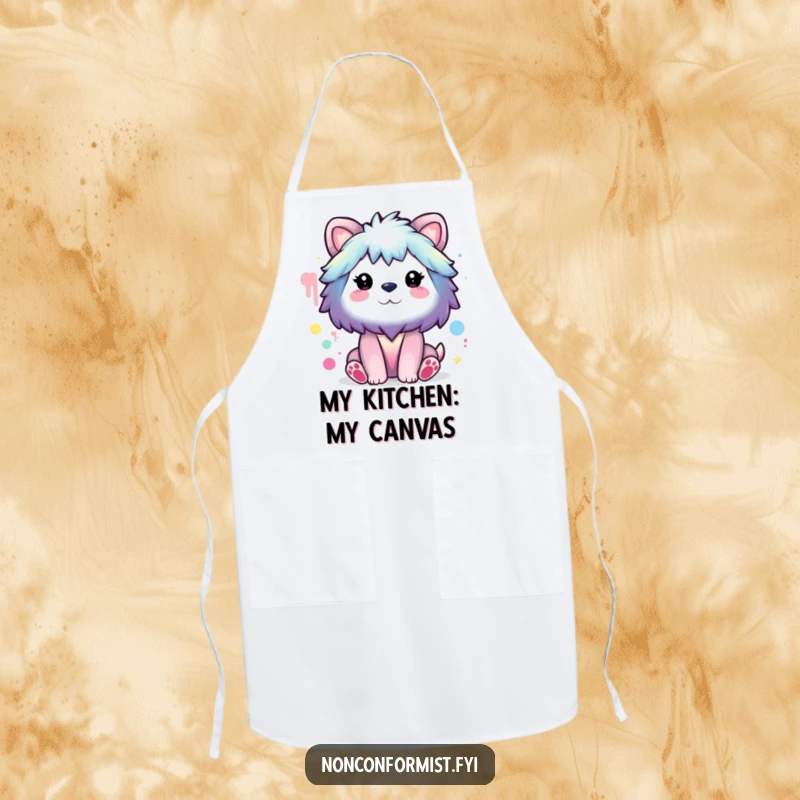 Funny Apron: Animal character painting a rainbow with unusual colors, a humorous accessory for artistic endeavors.
