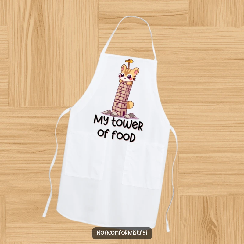 Funny apron showing a determined beaver character focused on constructing a tall, leaning tower, symbolizing hard work.