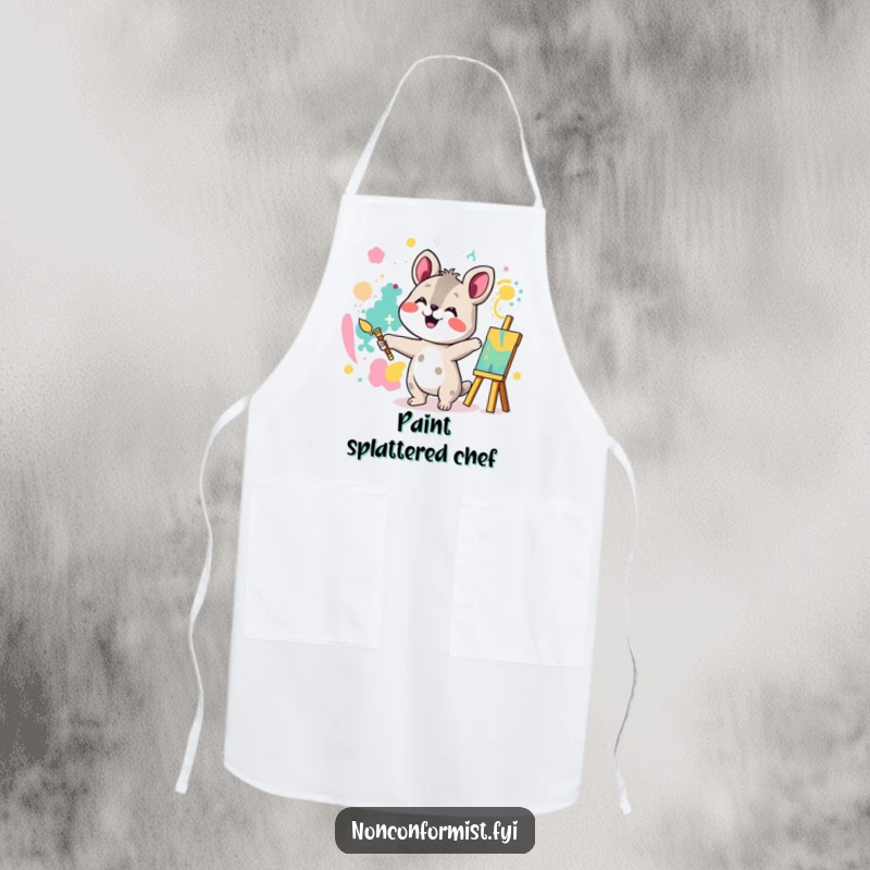 Funny apron showing an animal character joyfully painting an abstract pattern, ready for creative culinary adventures.