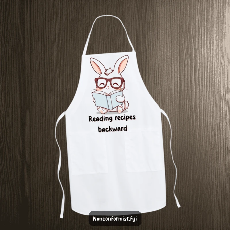 Funny bunny apron showing a curious rabbit with glasses, reading a sideways book, perfect for humorous kitchen activities.