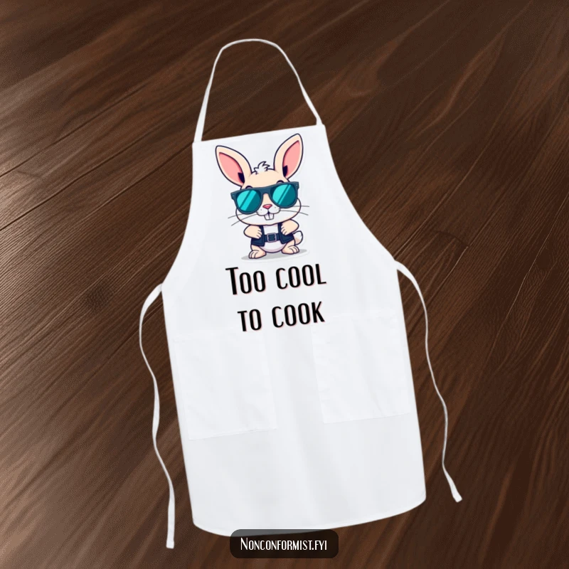 Funny bunny wearing cool oversized sunglasses and a rebellious grin, ready to cook on this functional kitchen apron.