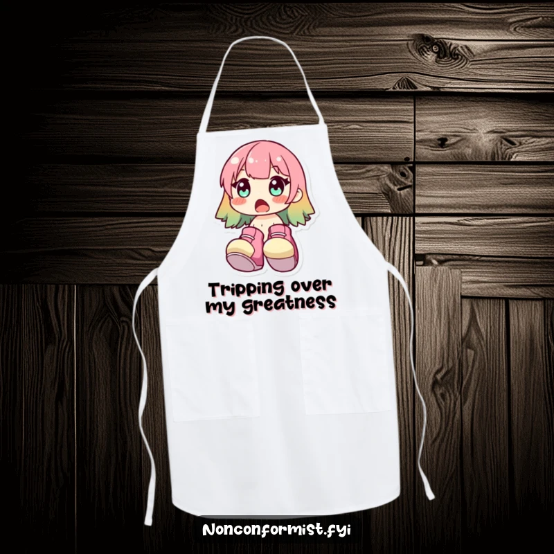 Funny Apron with a surprised character wearing huge, brightly colored shoes. A functional and humorous funny gift.