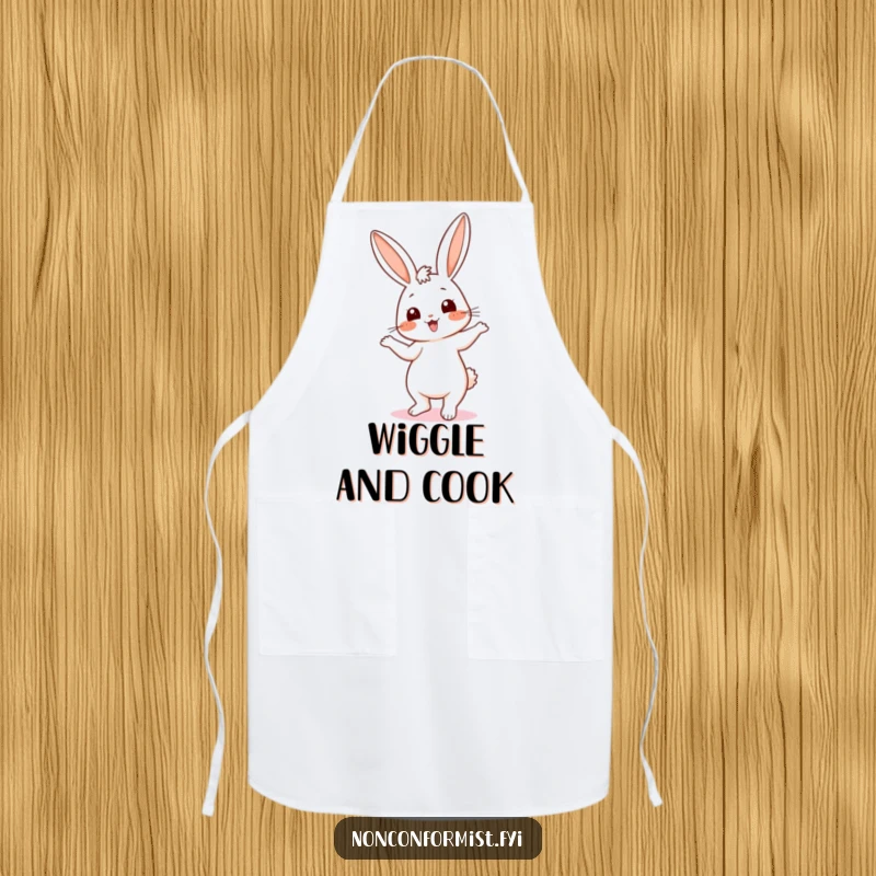 Funny apron featuring a cute bunny doing a silly dance with mismatched ears, perfect for adding humor to cooking and baking.