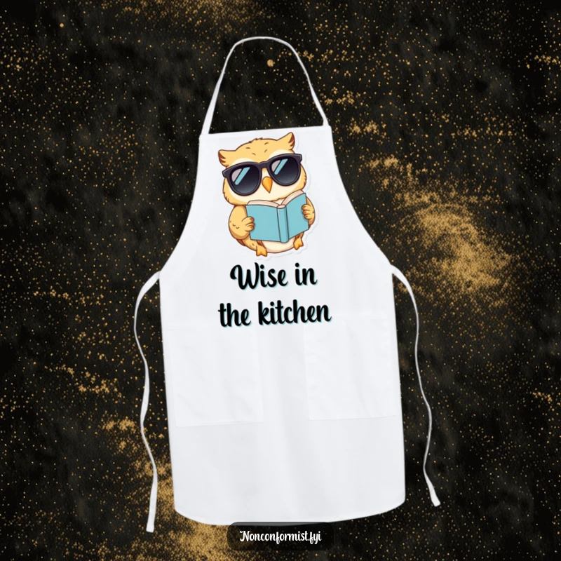 Funny apron featuring a smiling owl wearing sunglasses, reading a book upside down, bringing humor to the kitchen.