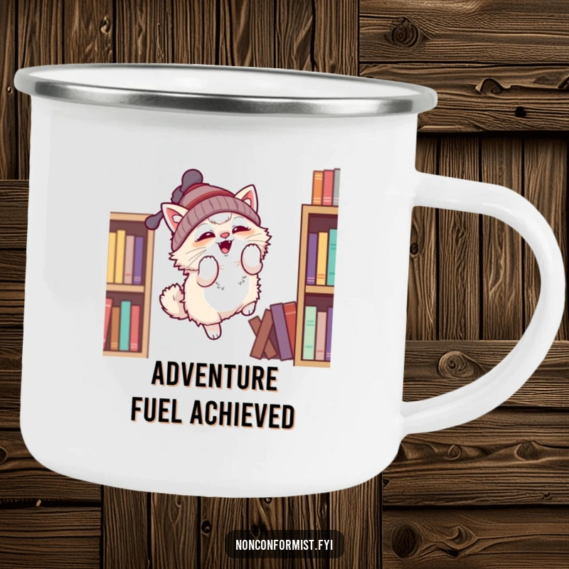 Funny camping mug featuring a fluffy cat with a propeller beanie attempting flight, great for outdoors and a funny gift.