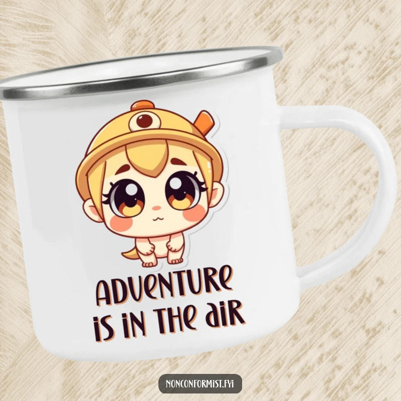 Funny Camping Mug showcasing a curious character with a propeller hat, built for adventure and smiles. A rugged and funny gift.