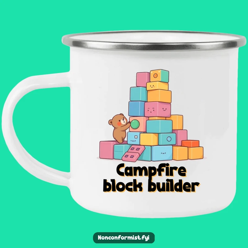 Funny Bear Camping Mug: Outdoor Tower Builder, Colorful Blocks Adventure, Perfect Funny Gift