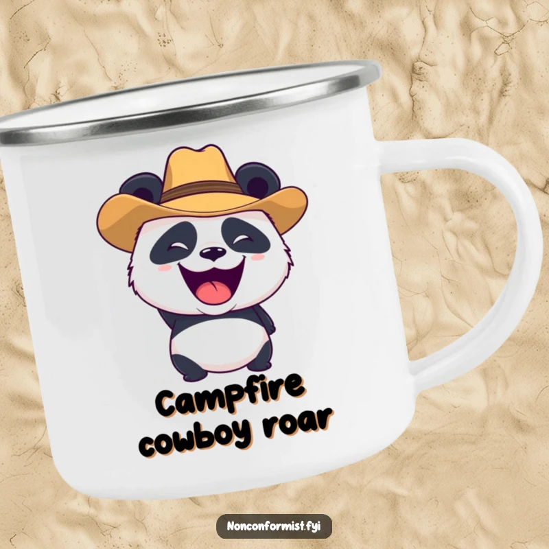 Funny panda character in a cowboy hat, roaring playfully on a durable camping mug for humorous outdoor enjoyment.