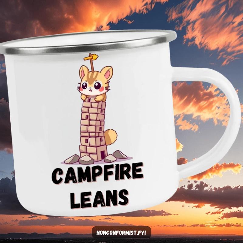 Funny camping mug featuring a determined fox character focused on building a precarious leaning tower, symbolizing outdoor effort.