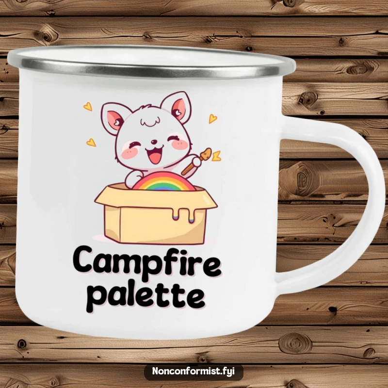 Funny camping mug with a small animal joyfully painting a rainbow in a box, perfect for outdoor creativity and humorous sipping.
