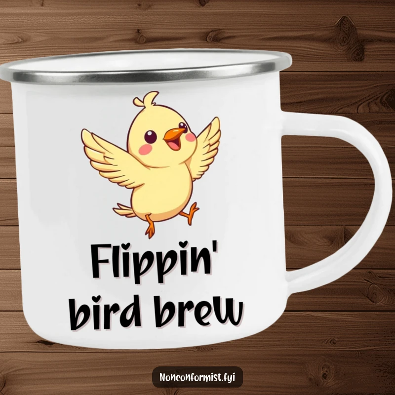 Funny camping mug with a spirited bird character joyfully chirping while performing an aerial flip, for outdoor enthusiasts.