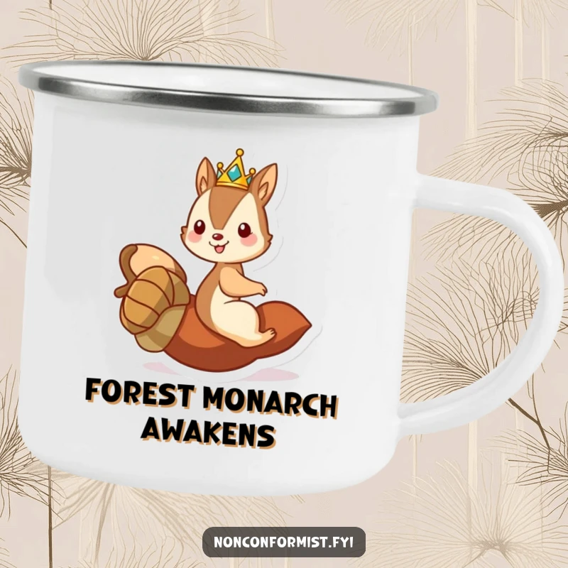 Funny camping mug showing a crowned squirrel king riding a large acorn, ready for outdoor escapades.