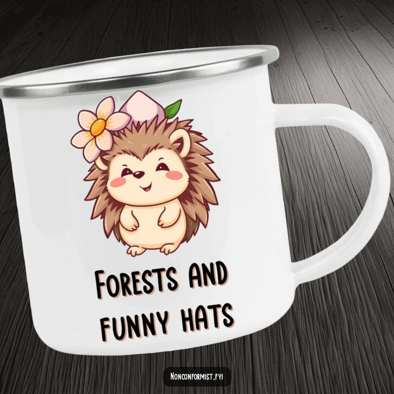 Funny hedgehog camping mug showing a happy animal with an upside-down flower hat, great for humorous outdoor drinks.