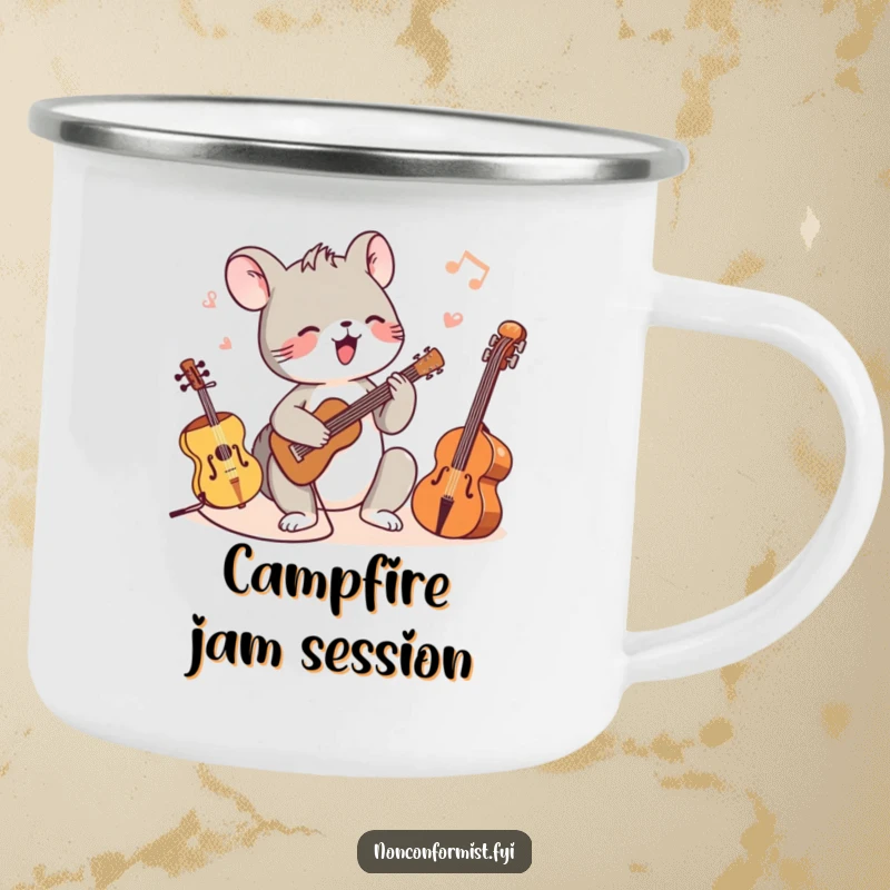 Funny camping mug showing a tiny animal character playing various sized musical instruments, perfect for outdoor jam sessions.